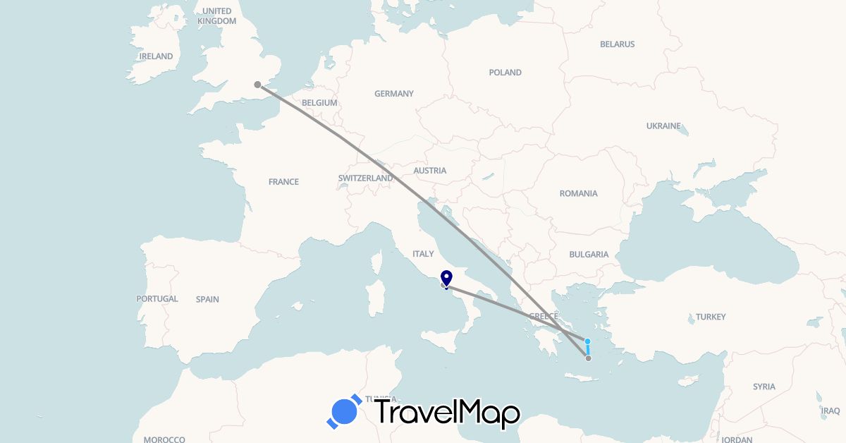 TravelMap itinerary: driving, plane, boat in United Kingdom, Greece, Italy (Europe)